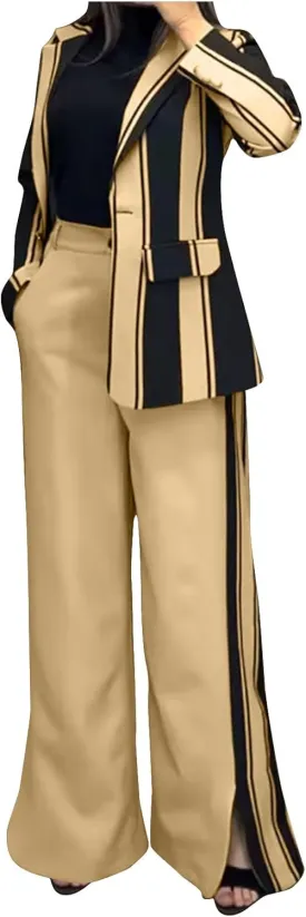 2 Piece Blazer Outfits for Women Oversized Striped Color Block Jacket Wide Leg Pants Suits Lapel Business Dressy Sets