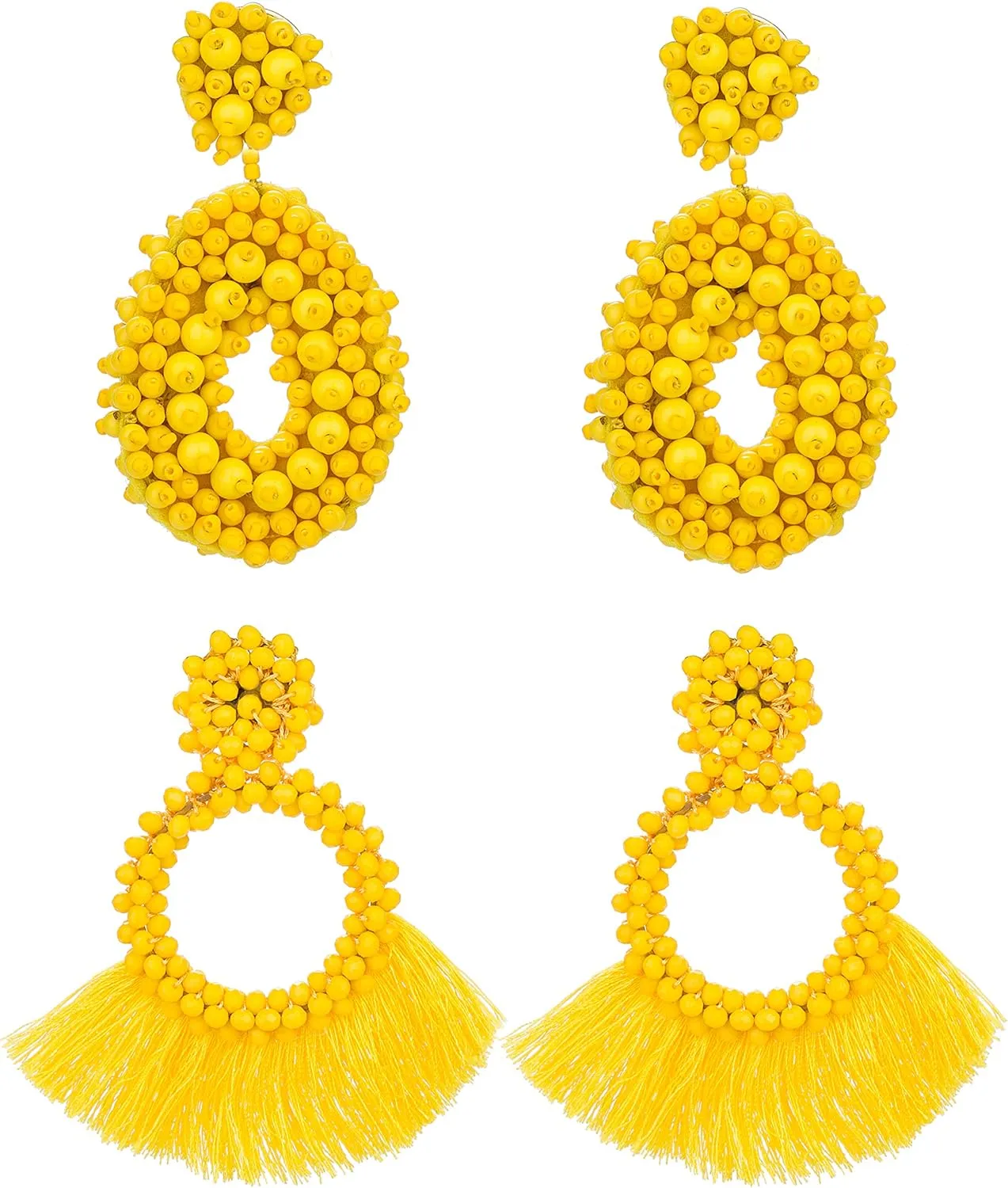 2 Statement Drop Earrings for Women Bohemian Beaded Hoop Dangle Earrings Tassel Handmade Earrings