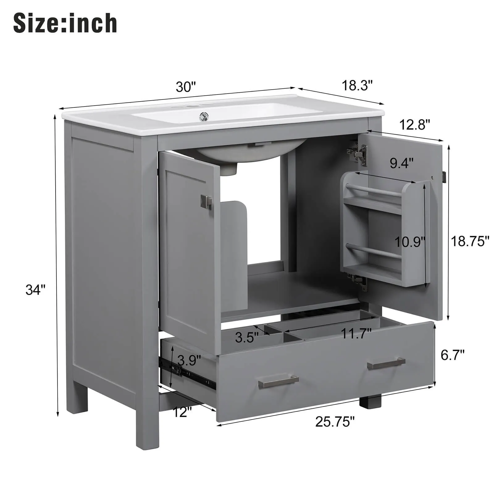 30'' Gray Bathroom Vanity with Built-In Shelf