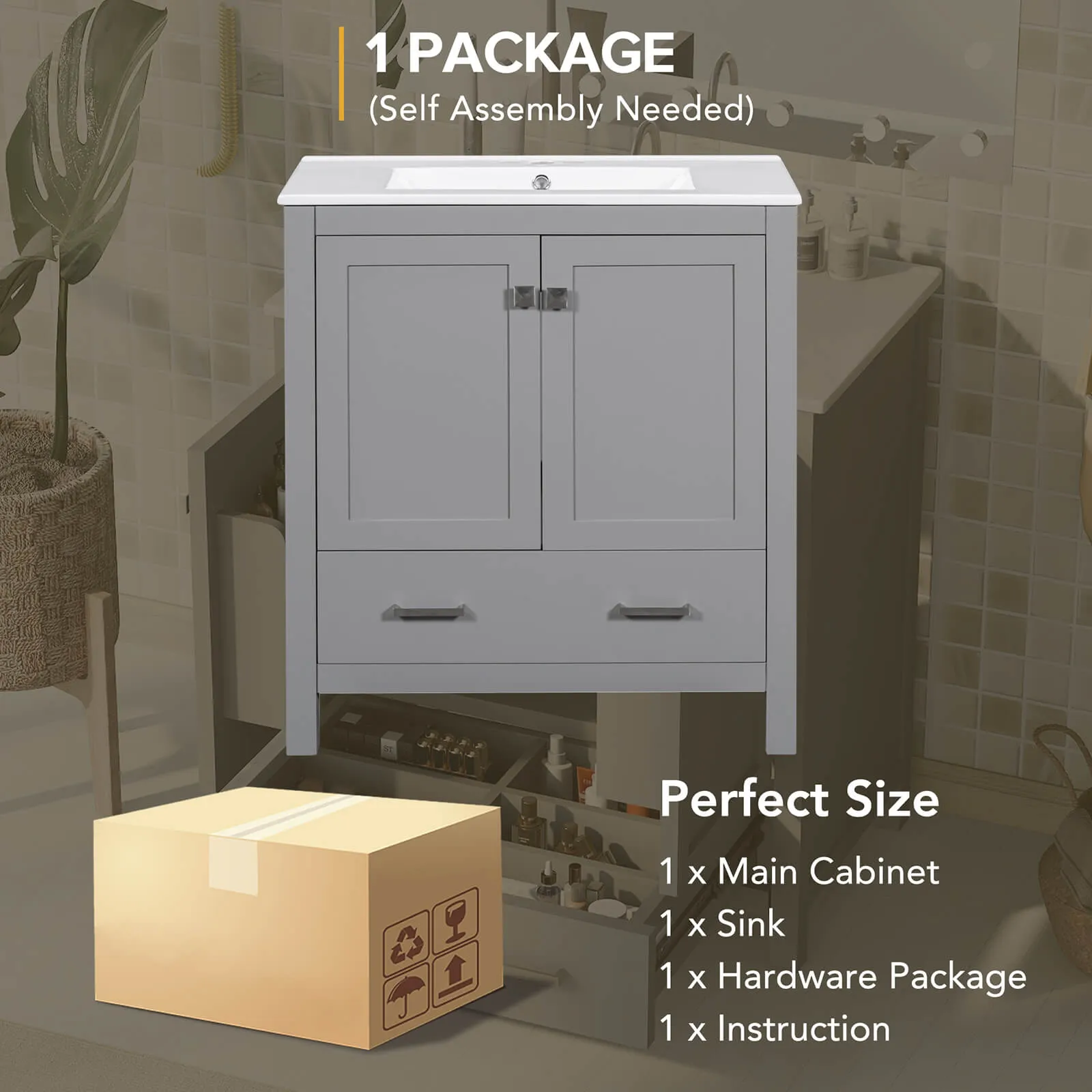 30'' Gray Bathroom Vanity with Built-In Shelf