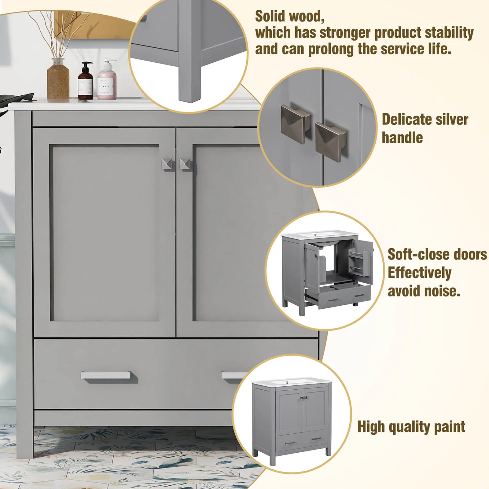 30'' Gray Bathroom Vanity with Built-In Shelf