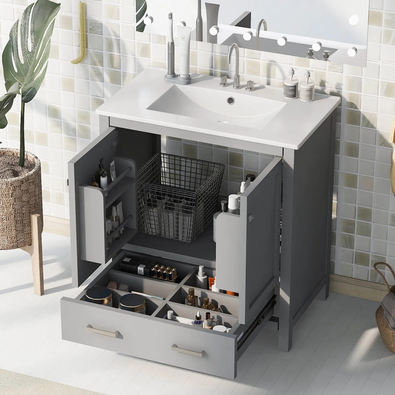30'' Gray Bathroom Vanity with Built-In Shelf