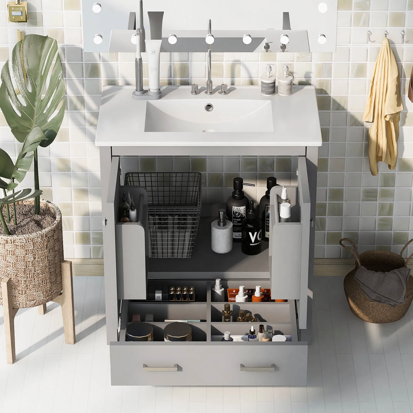 30'' Gray Bathroom Vanity with Built-In Shelf