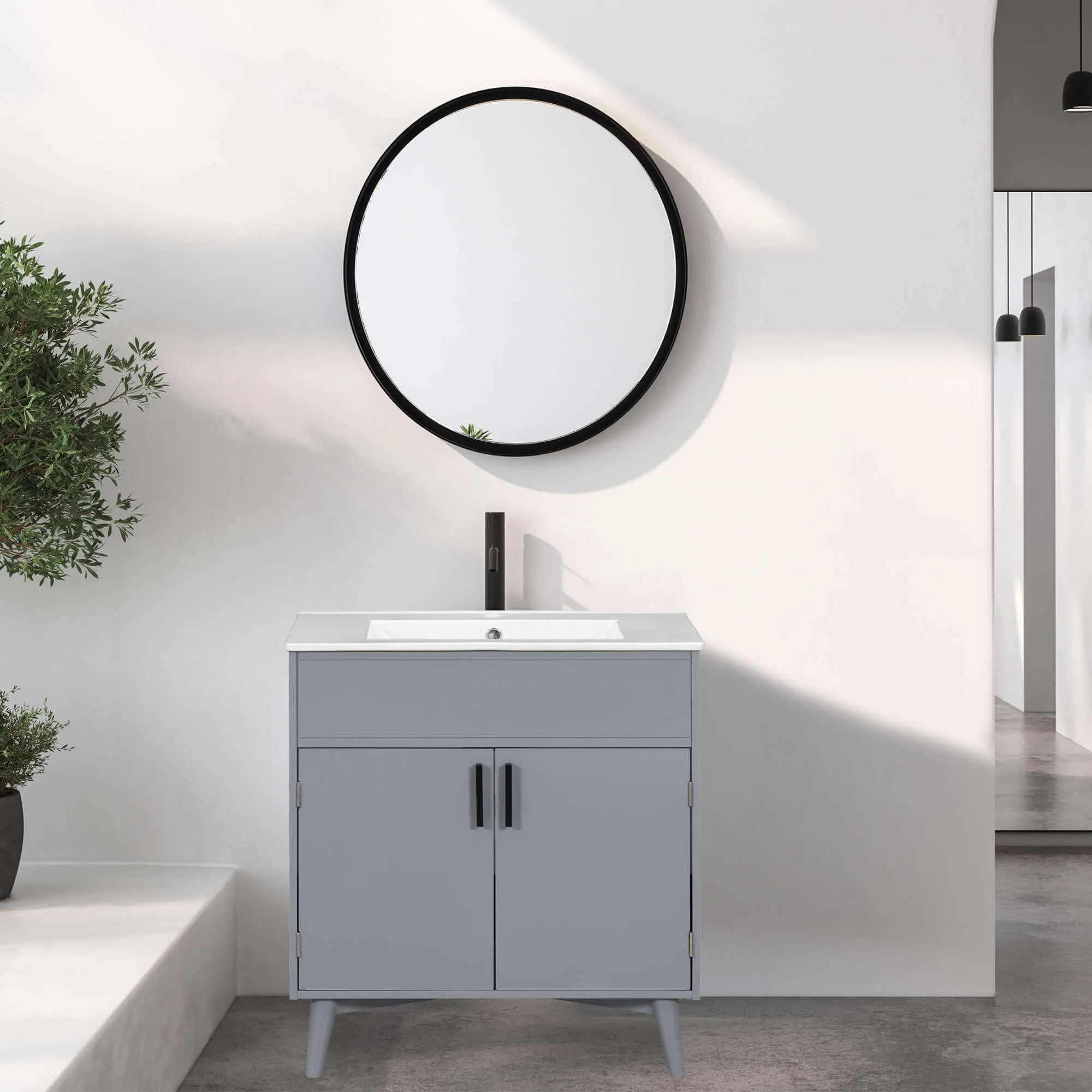 30'' Gray Freestanding Solid Wood Bathroom Vanity