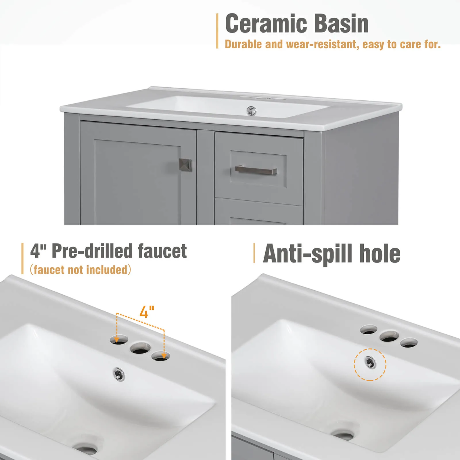 30" Gray Solid Wood Bathroom Vanity with Top