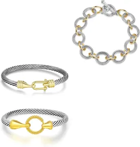 3PCS Cuff Bangle with Twisted Cable Bracelet Chain Link Stackable Bracelets Designer Dupes Adjustable Bangles Sets Jewelry for Women