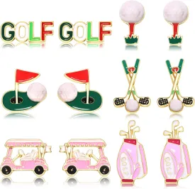 6/9 Pairs Golf Earrings for Women Golf Ball Bag Cart Dangle Earrings Enamel Golf Tee Club Stud Earrings Putting Green Earrings Sport Game Day Earrings Golf Jewelry Accessories Outfits Gifts