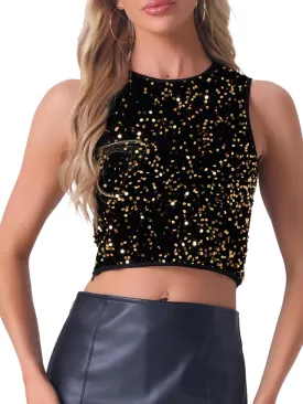 Allegra K Sequin Tops for Women's Sparkle Glitter Sleeveless Club Party Nightout Crop Tank Top