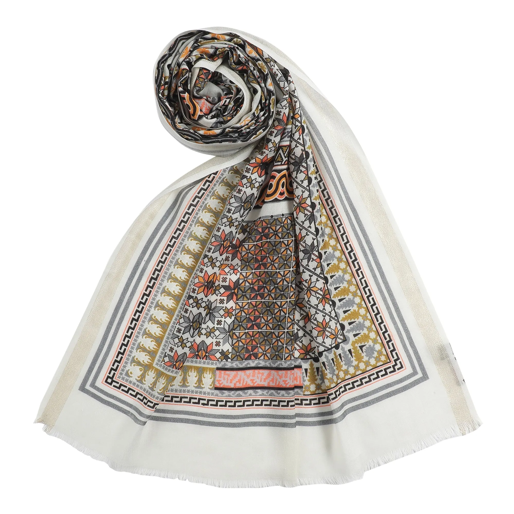 Arca Elegance Printed Offwhite Wool Stole