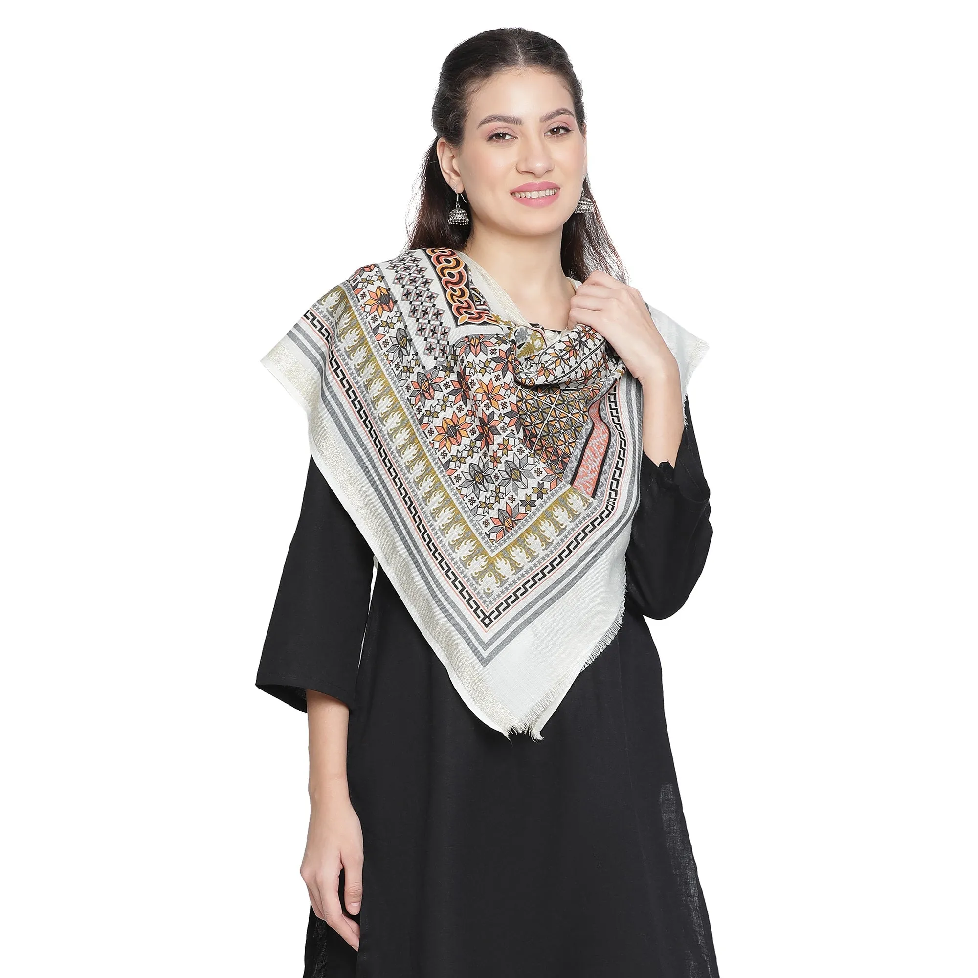 Arca Elegance Printed Offwhite Wool Stole