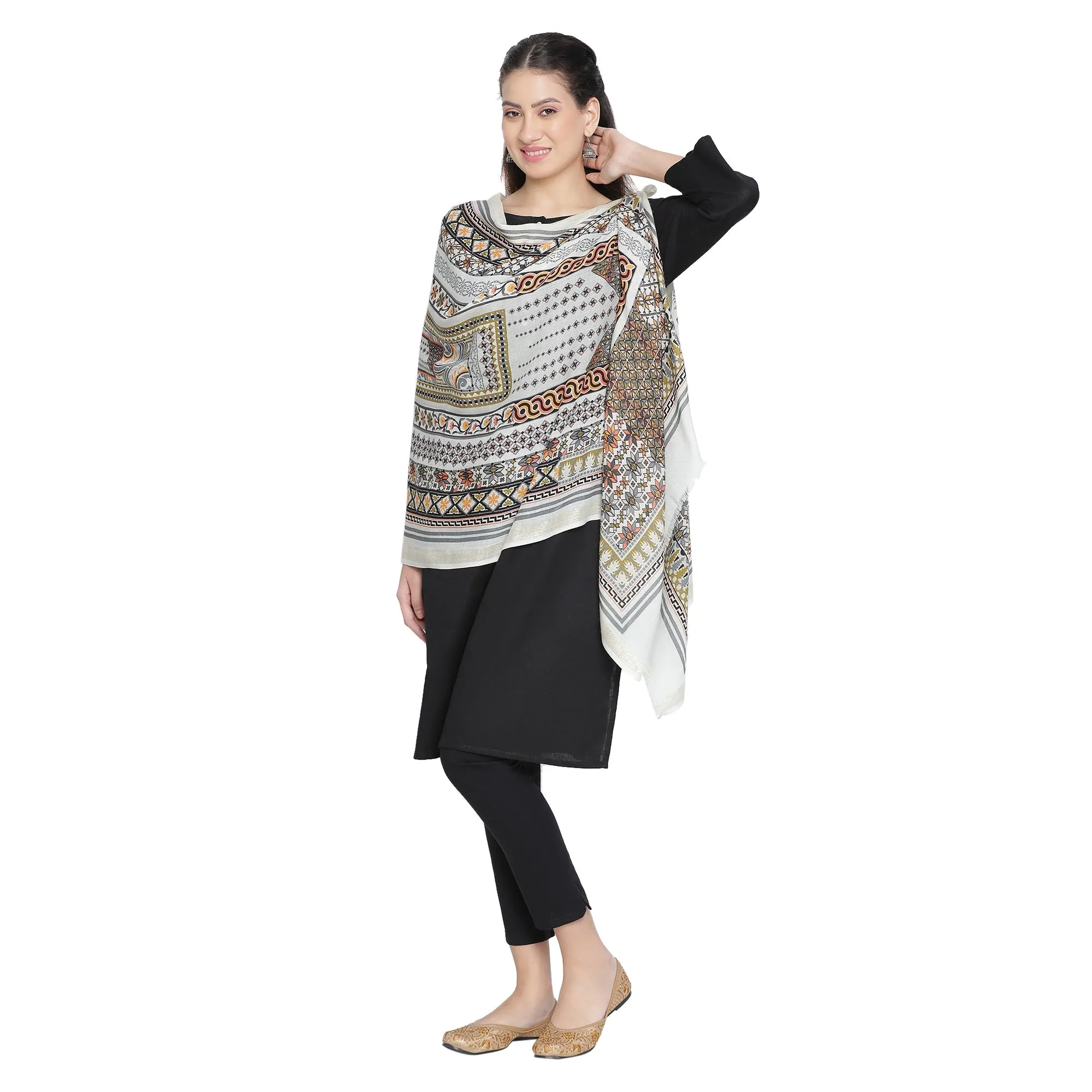 Arca Elegance Printed Offwhite Wool Stole