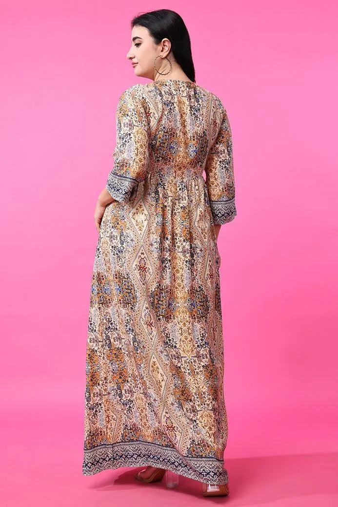 Beige Abstract Printed Maxi Dress