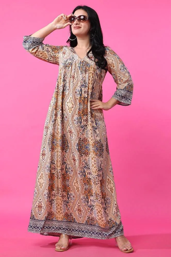 Beige Abstract Printed Maxi Dress
