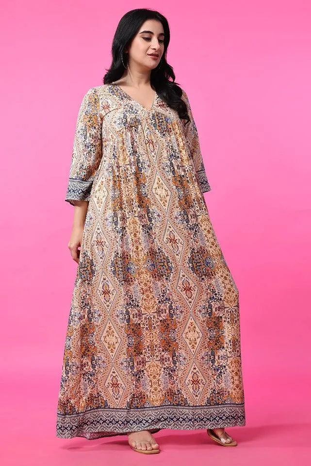 Beige Abstract Printed Maxi Dress