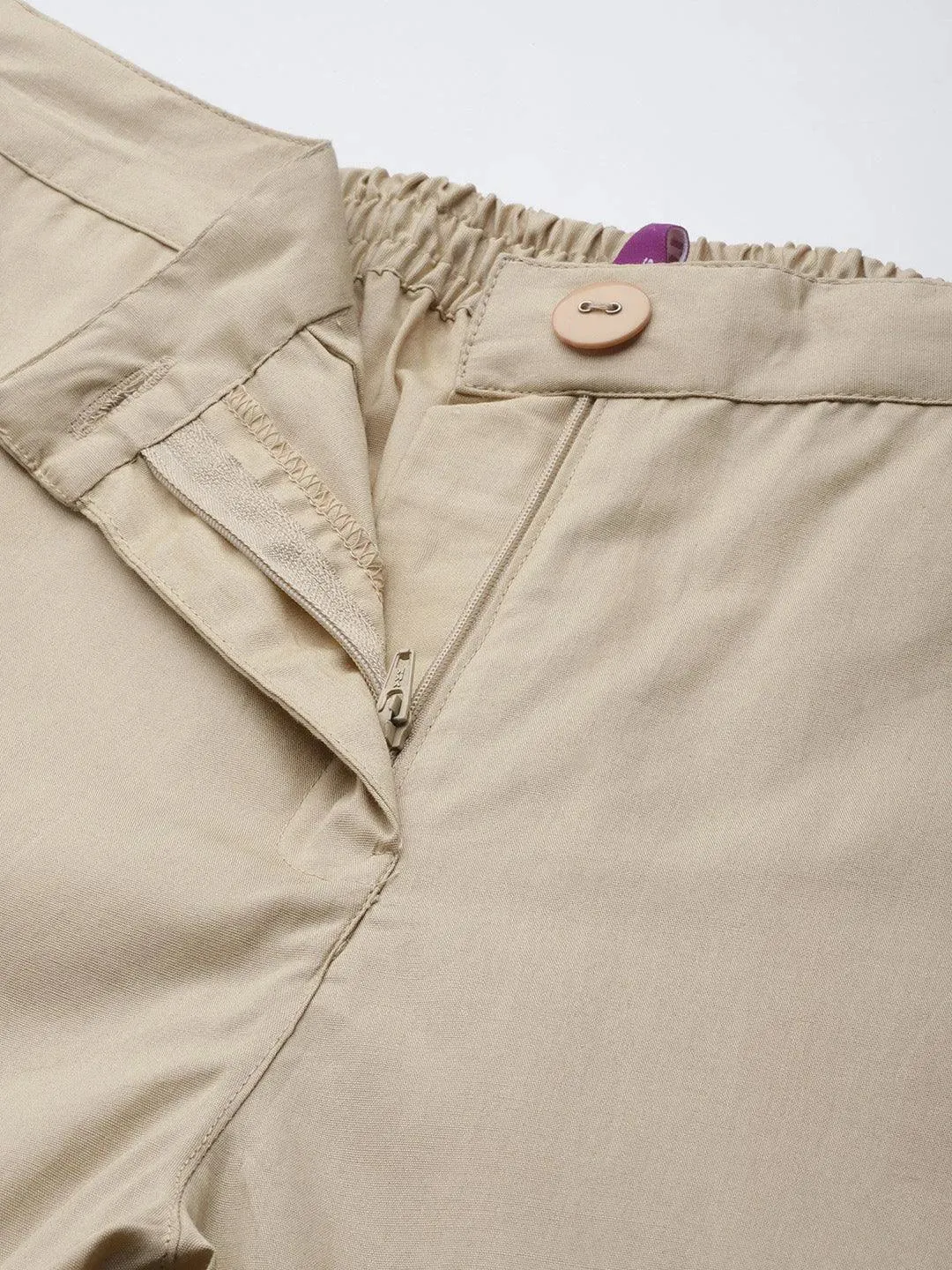 Beige Solid Cotton Trousers