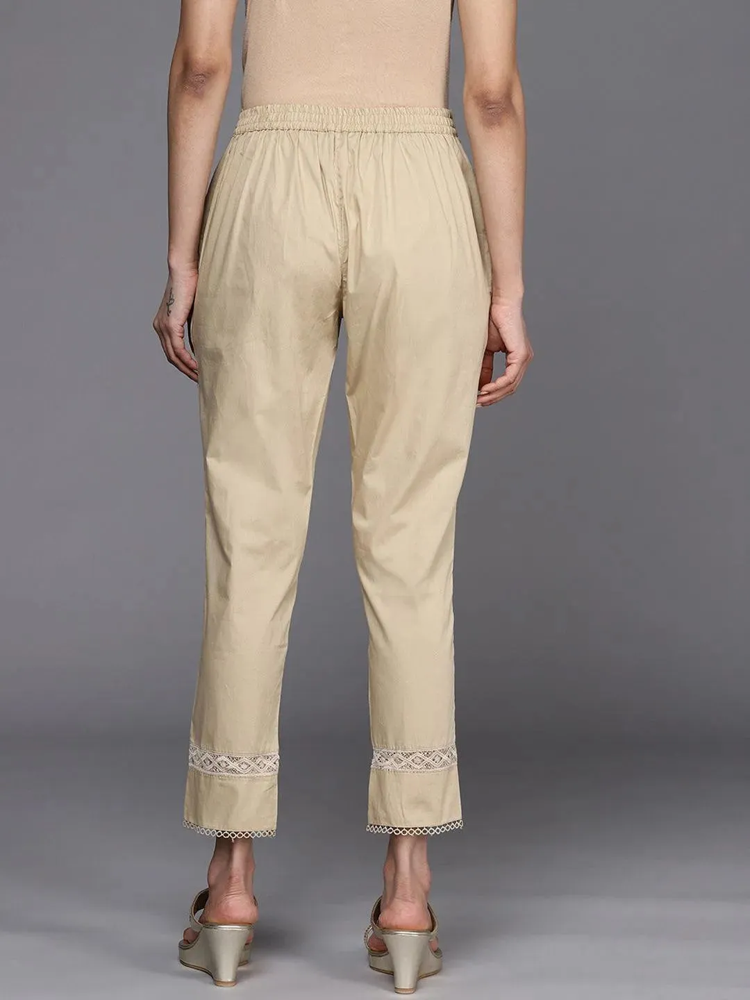Beige Solid Cotton Trousers