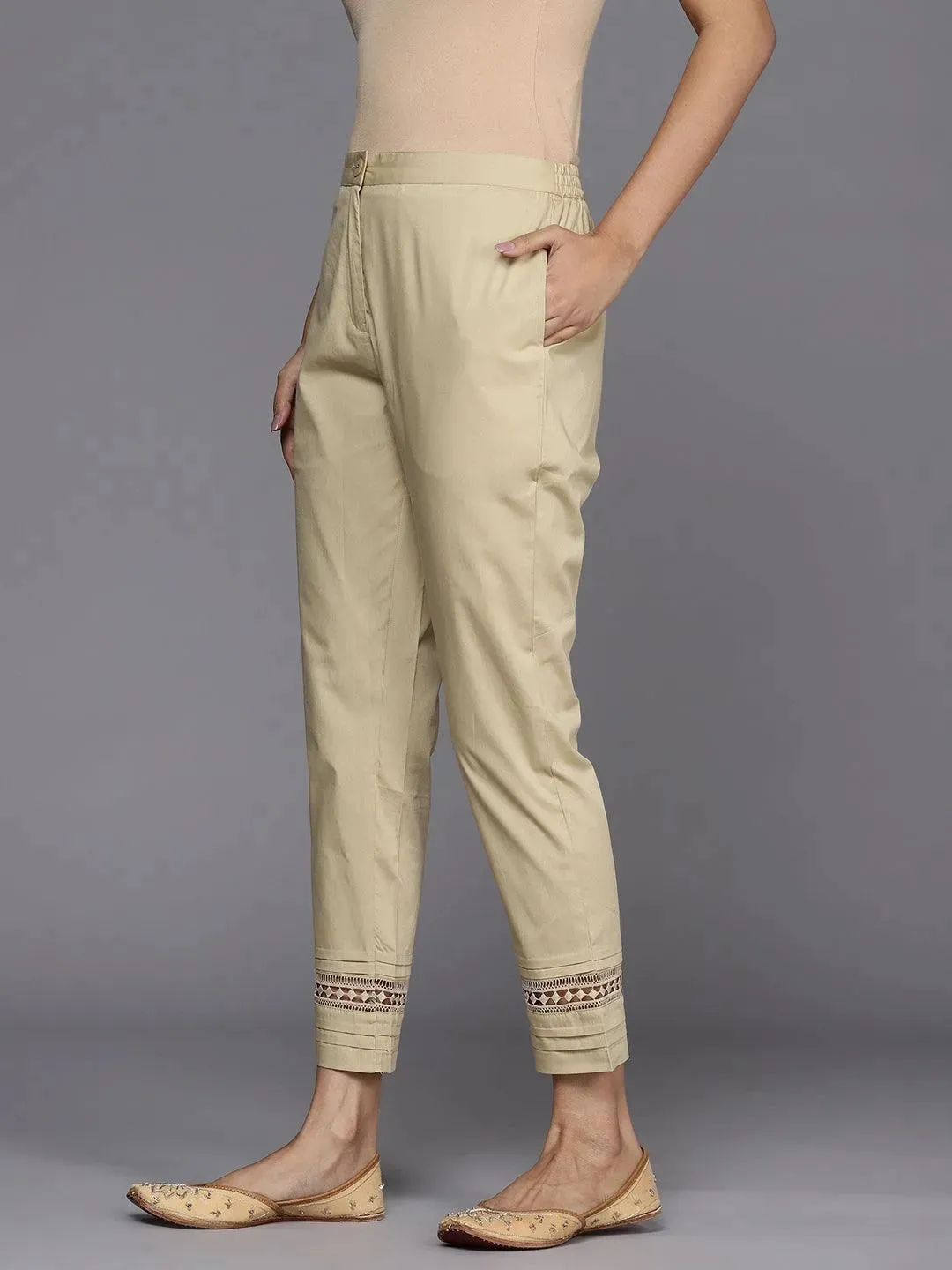 Beige Solid Cotton Trousers