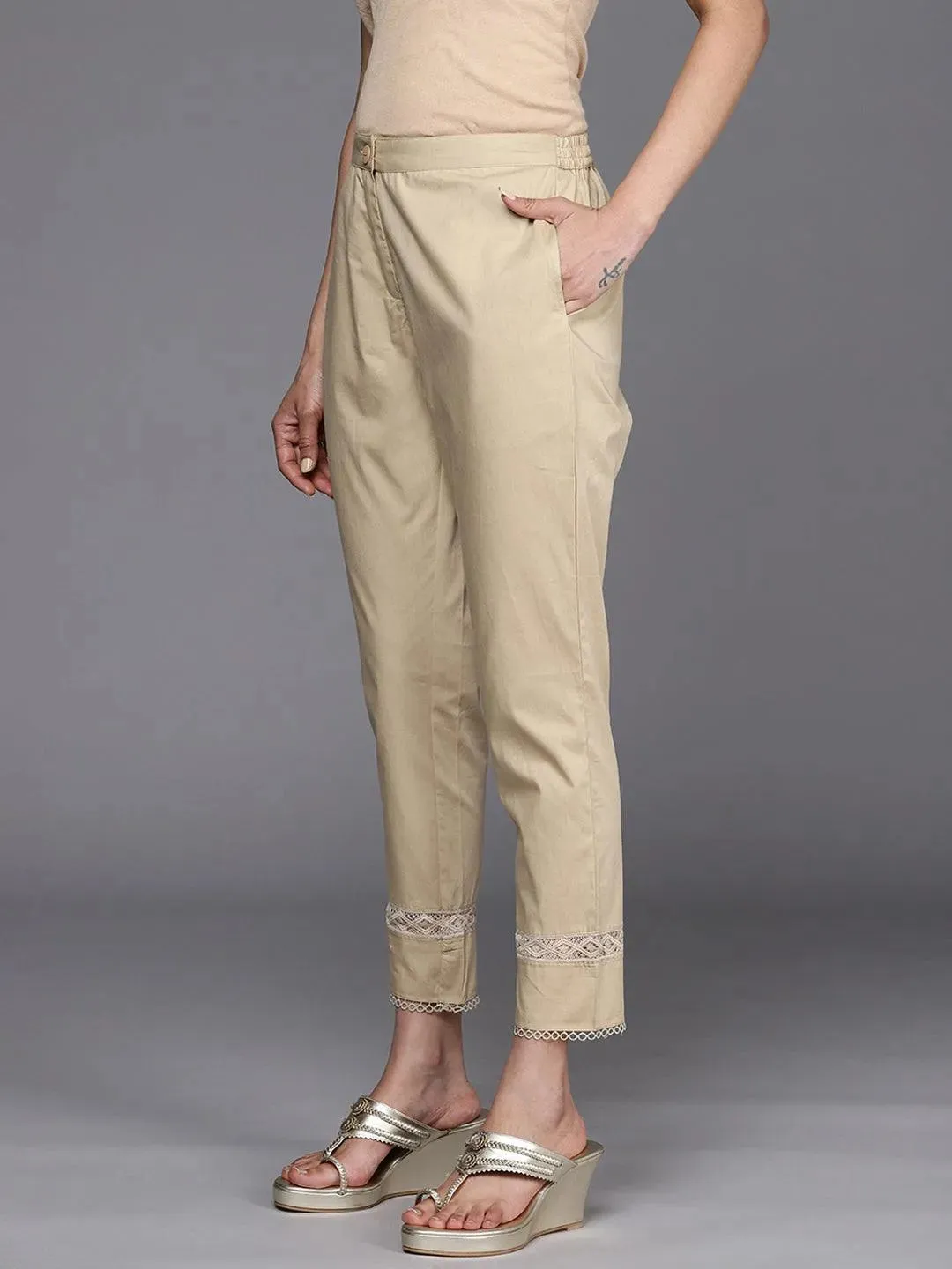 Beige Solid Cotton Trousers