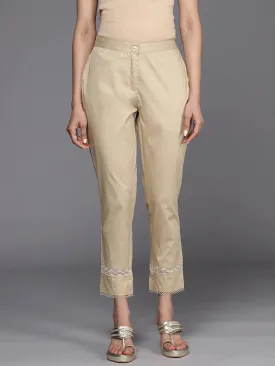 Beige Solid Cotton Trousers