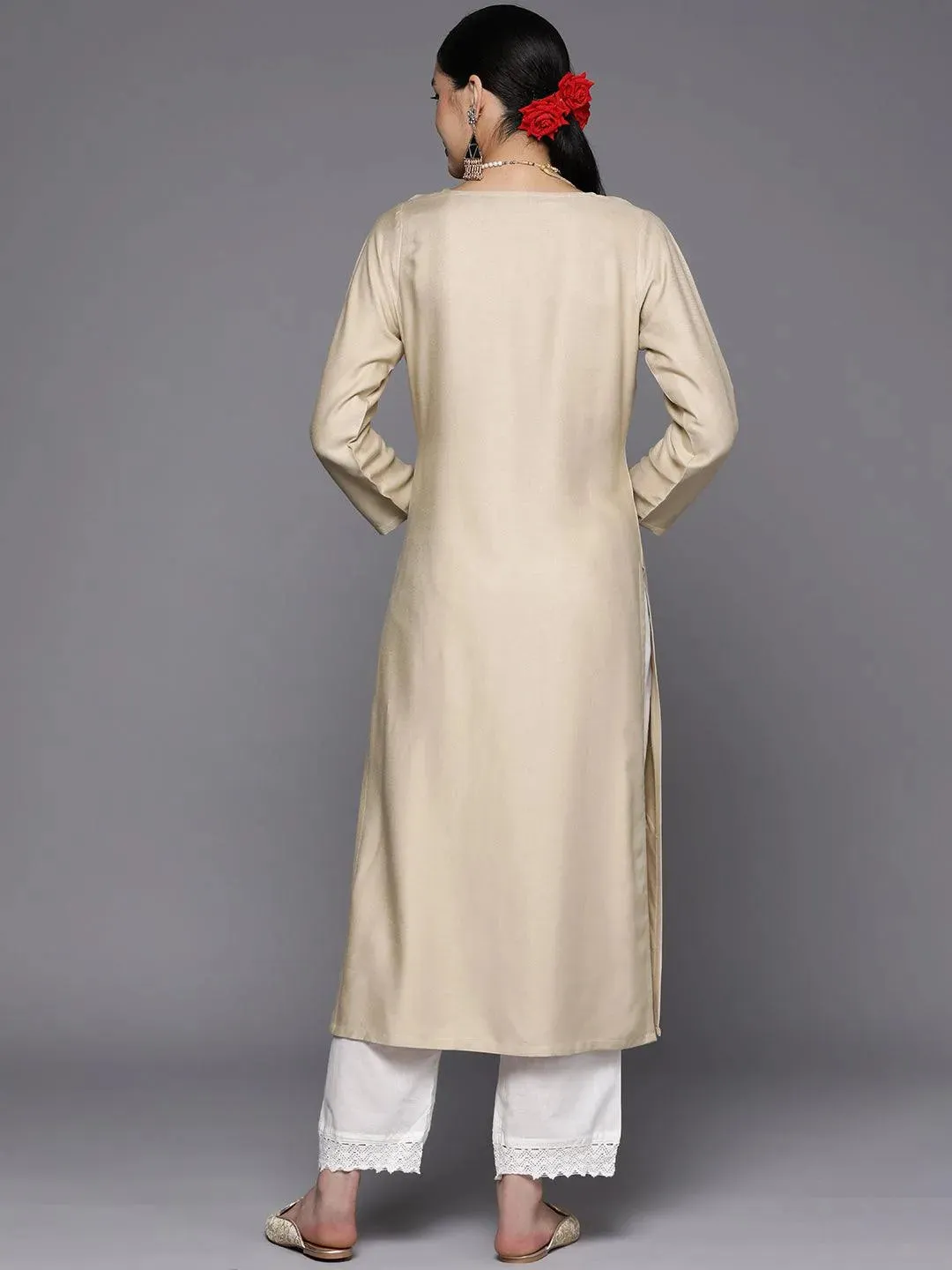 Beige Yoke Design Wool Straight Kurta