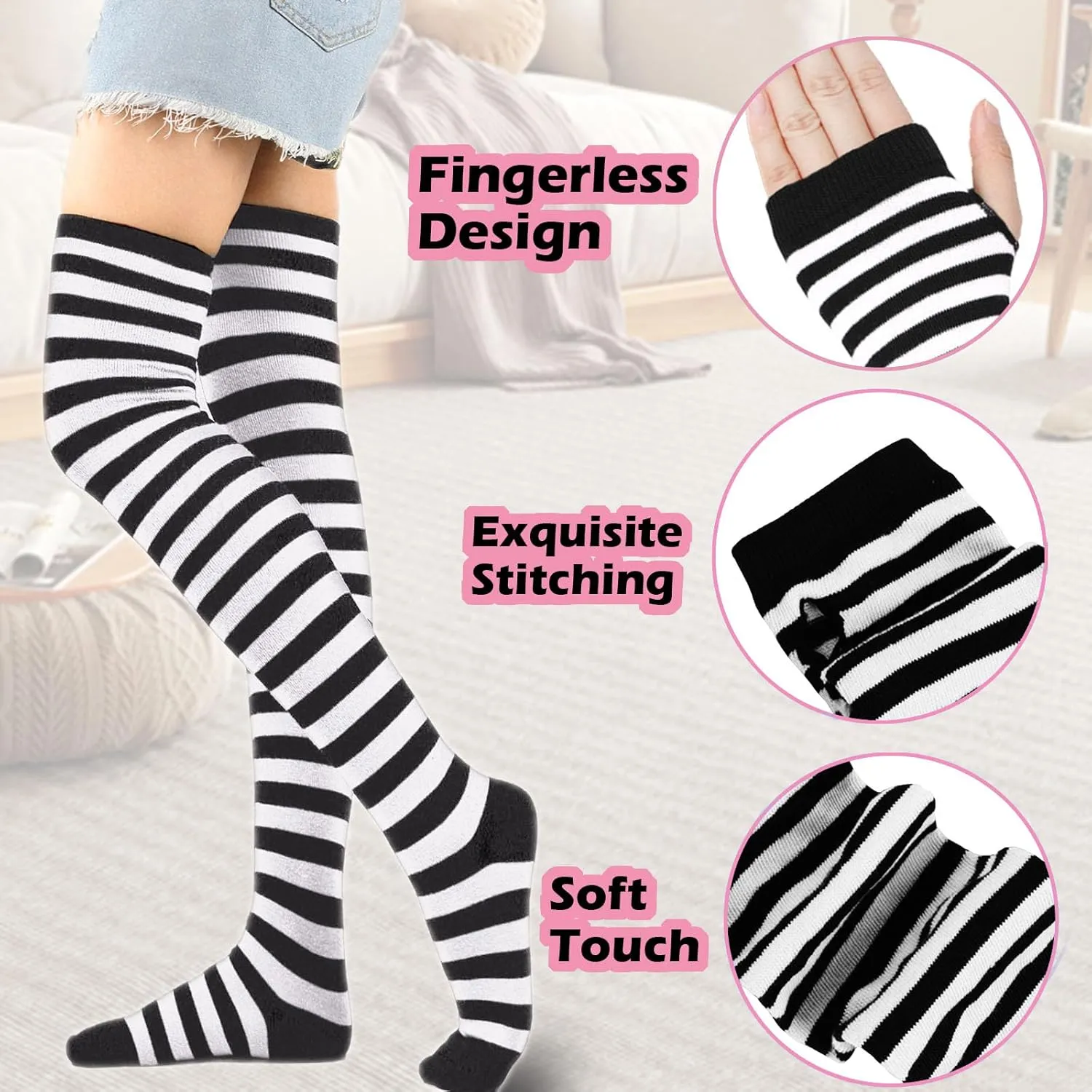 Black and White Striped Arm Leg Warmers Sleeves Set Rainbow Socks Knee High Fingerless Gloves Hand Thigh Warm