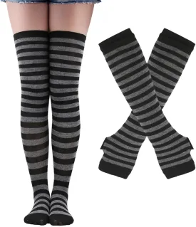 Black and White Striped Arm Leg Warmers Sleeves Set Rainbow Socks Knee High Fingerless Gloves Hand Thigh Warm