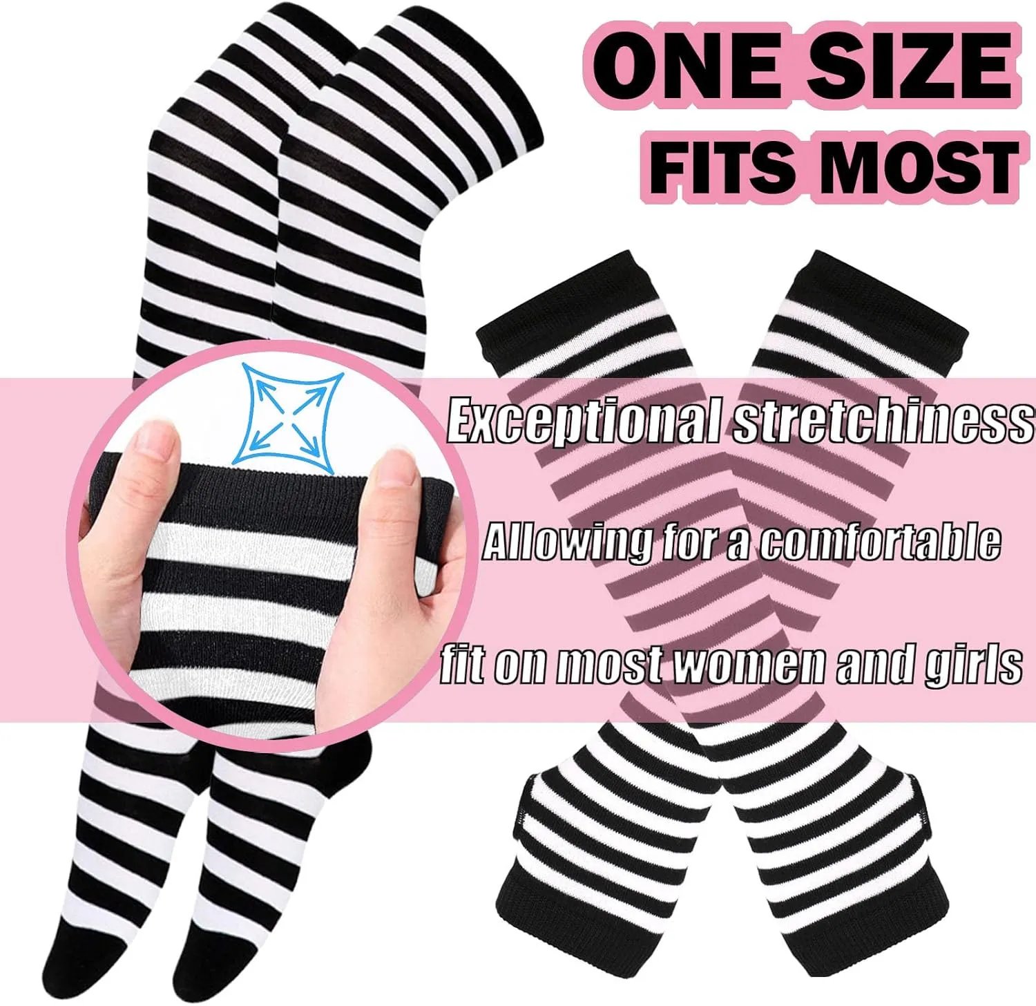 Black and White Striped Arm Leg Warmers Sleeves Set Rainbow Socks Knee High Fingerless Gloves Hand Thigh Warm
