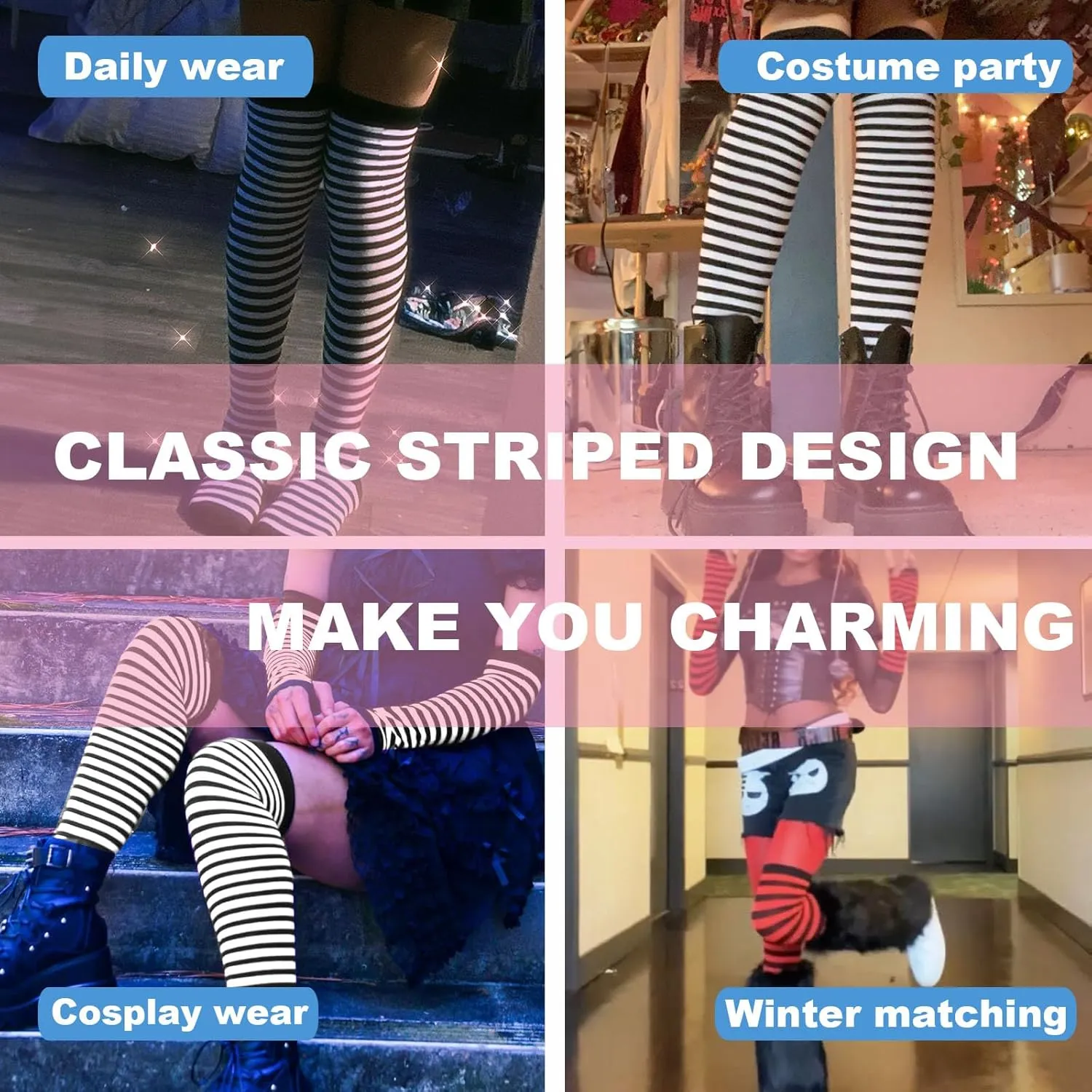 Black and White Striped Arm Leg Warmers Sleeves Set Rainbow Socks Knee High Fingerless Gloves Hand Thigh Warm