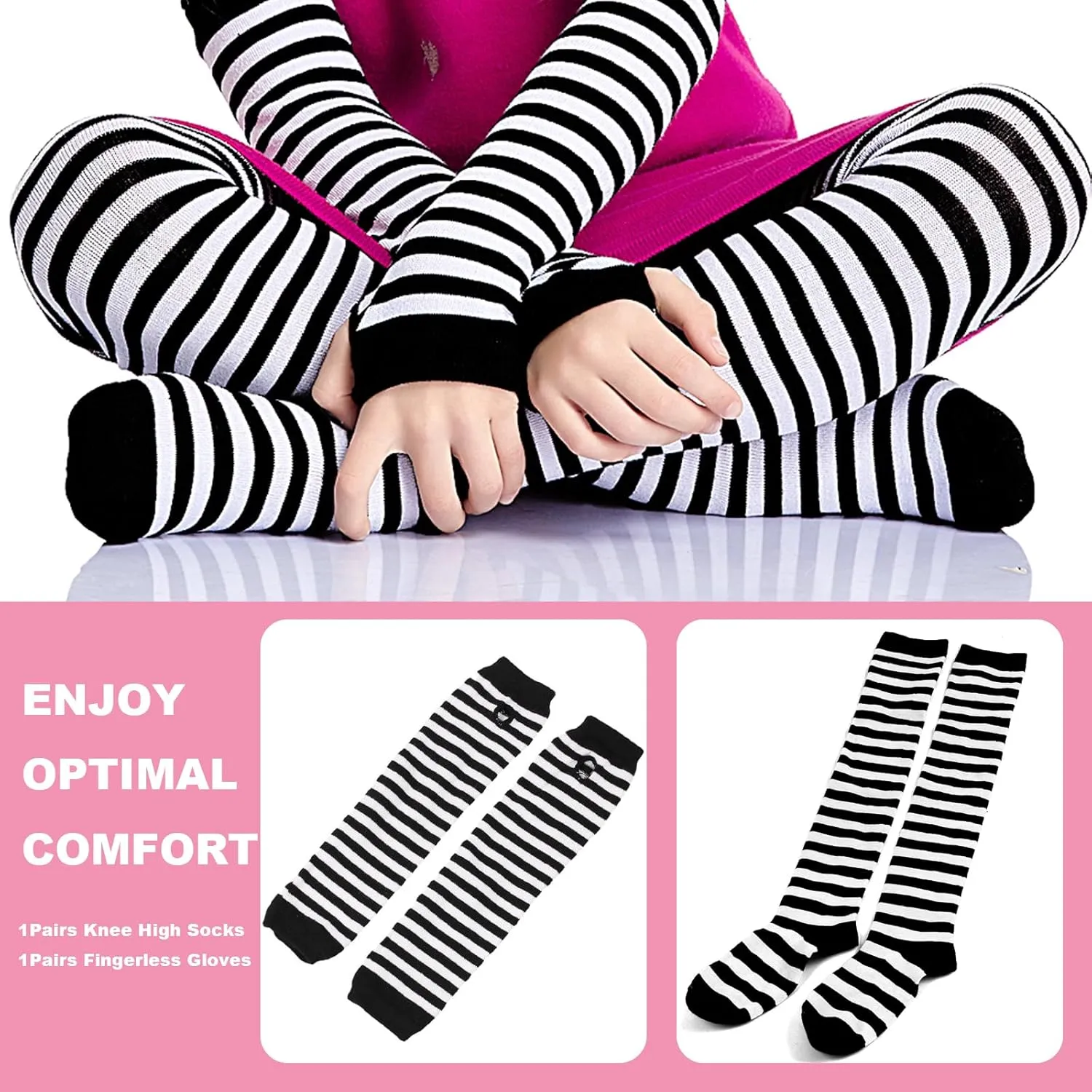 Black and White Striped Arm Leg Warmers Sleeves Set Rainbow Socks Knee High Fingerless Gloves Hand Thigh Warm