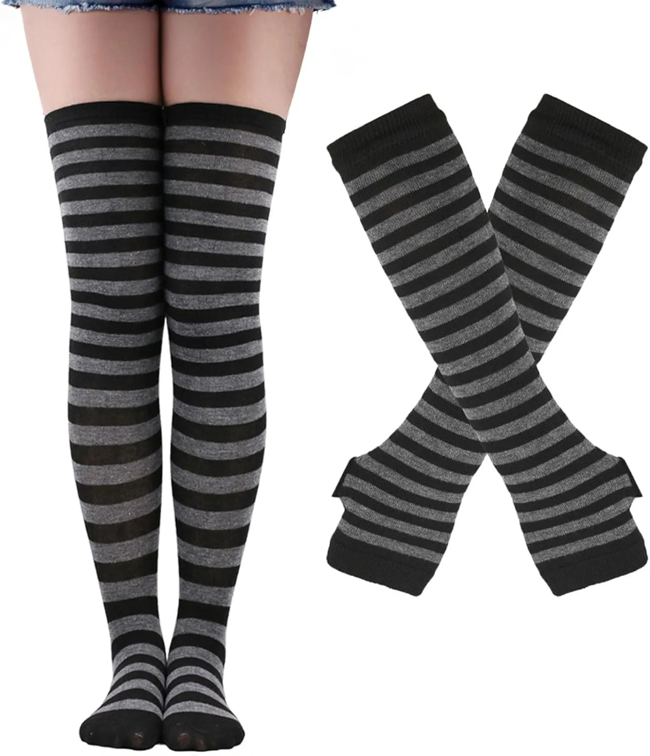 Black and White Striped Arm Leg Warmers Sleeves Set Rainbow Socks Knee High Fingerless Gloves Hand Thigh Warm