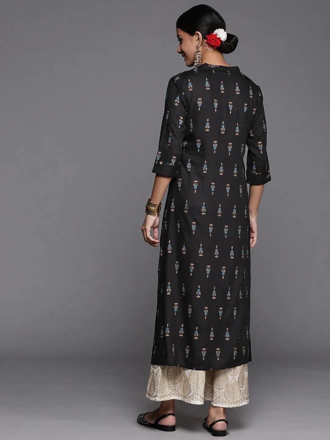 Black Printed Rayon Straight Kurta