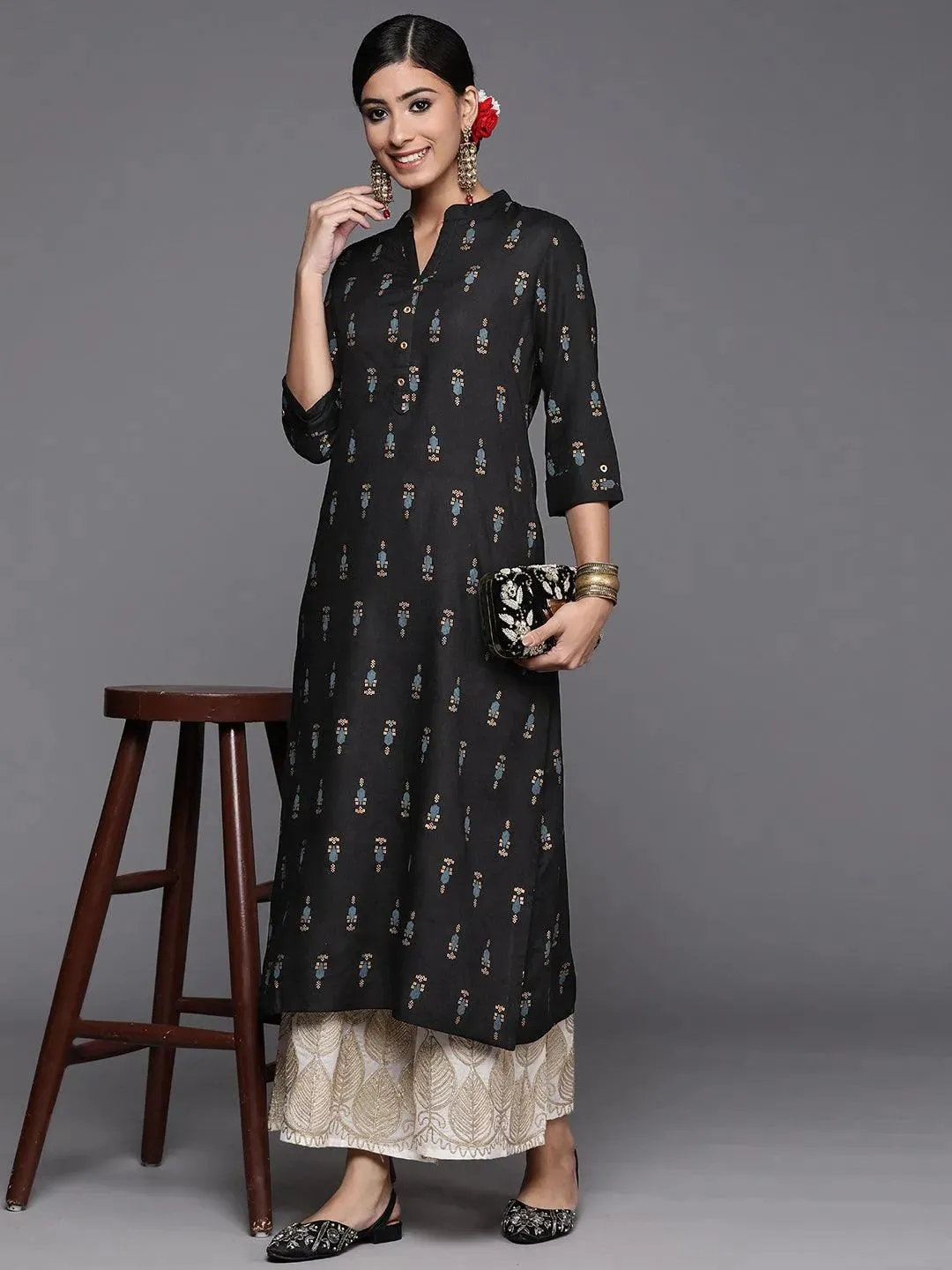 Black Printed Rayon Straight Kurta