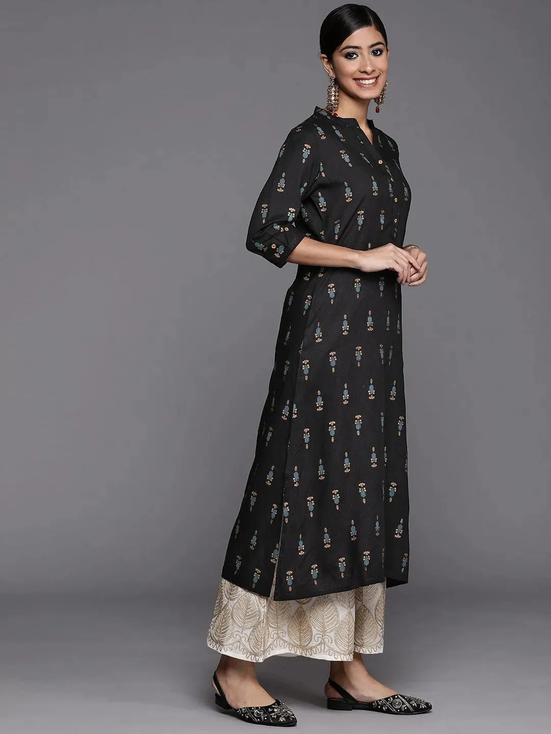 Black Printed Rayon Straight Kurta