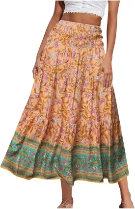 Boho Hawaiian Ruched High Cut Beach Skirts for Women Color Block Flower Maxi Long Loose Fit Skort Women 2025