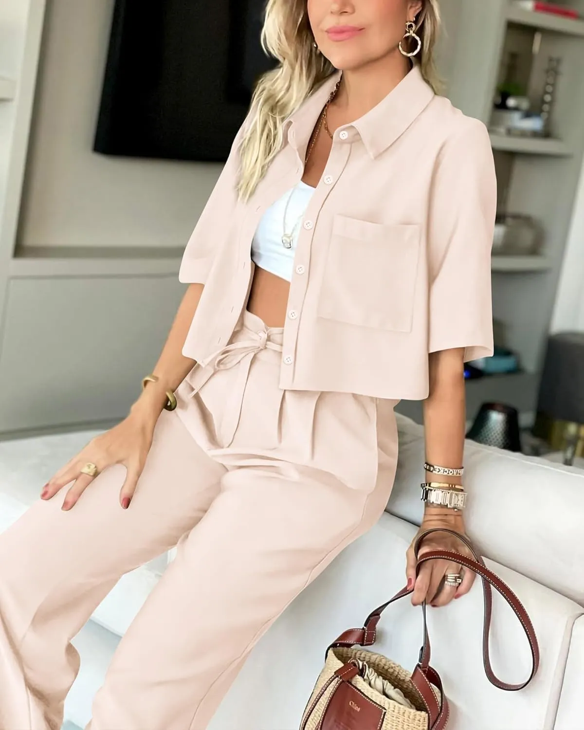 BTFBM Women's 2025 Summer 2 Piece Outfits Tracksuit Short Sleeve Cropped Button Down Shirt Long Pant Lounge Matching Set