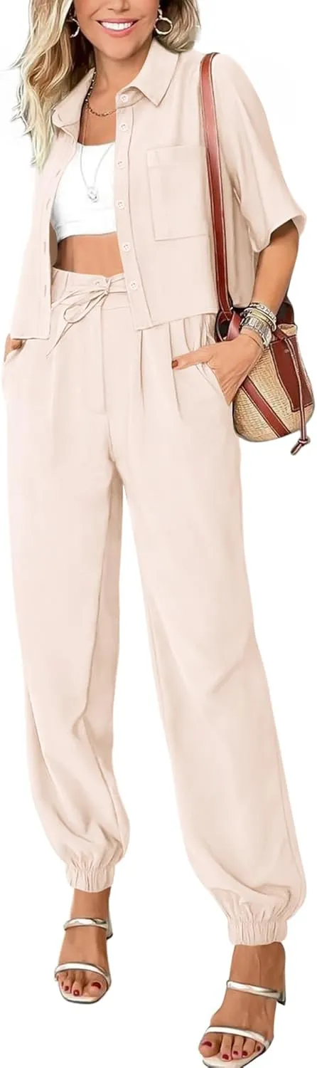 BTFBM Women's 2025 Summer 2 Piece Outfits Tracksuit Short Sleeve Cropped Button Down Shirt Long Pant Lounge Matching Set