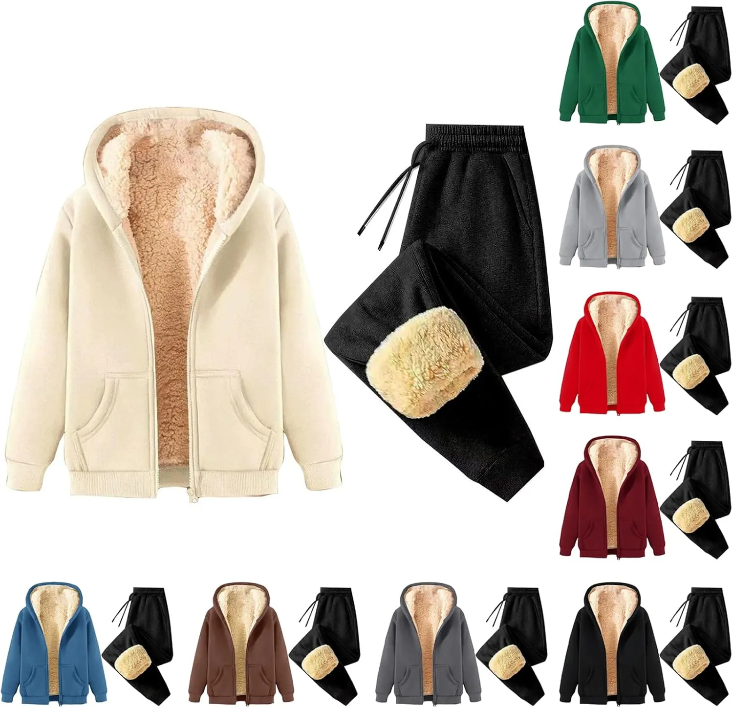 Canbebig 2 Piece Outfits Women Sherpa Fleece Lined Sweatsuits Zip Up Hoodie and Sweatpants Sets Matching Sets Warm Sets