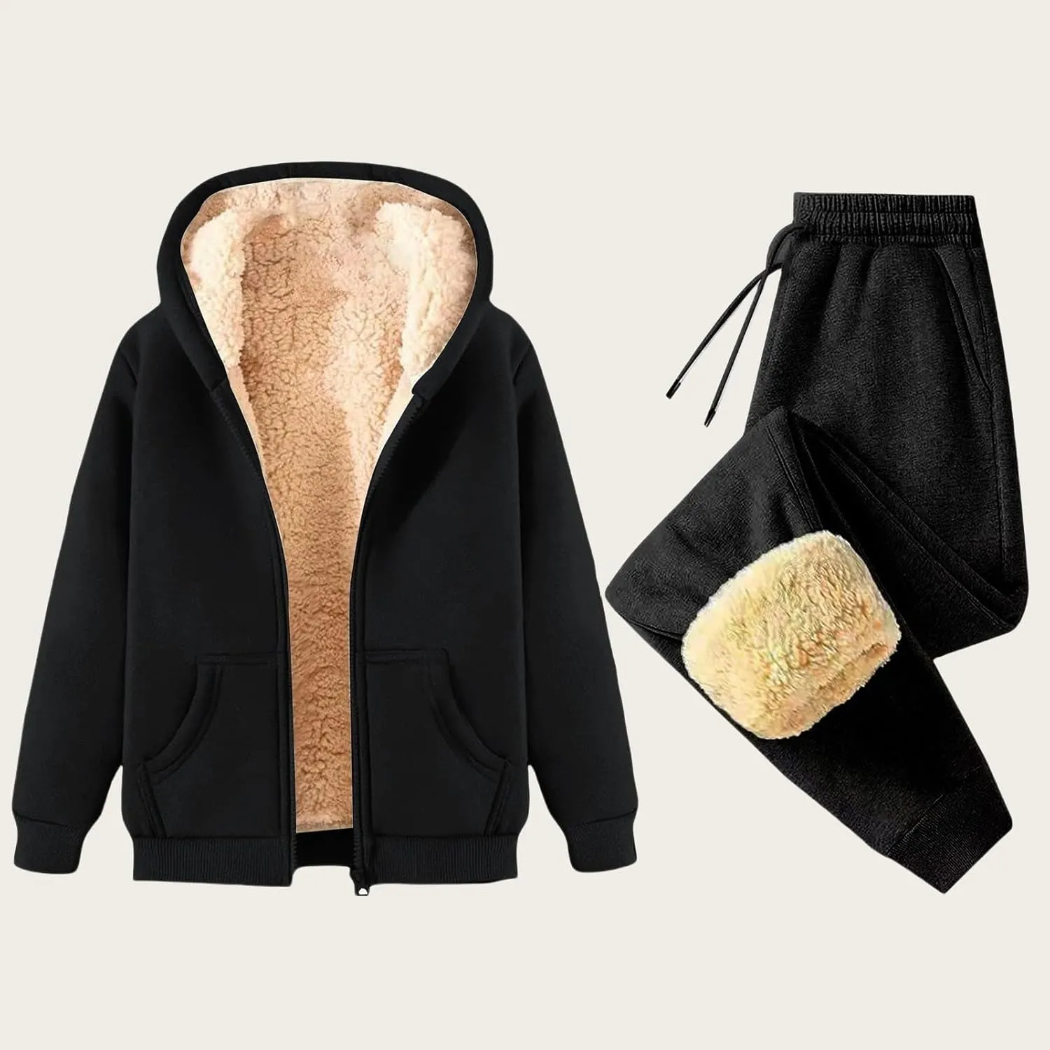 Canbebig 2 Piece Outfits Women Sherpa Fleece Lined Sweatsuits Zip Up Hoodie and Sweatpants Sets Matching Sets Warm Sets