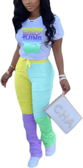 Casual 2 Piece Outfit Sets for Women Color Block Short Sleeve T-Shirts   Stacked Flare Pants Tracksuit Sweatsuit