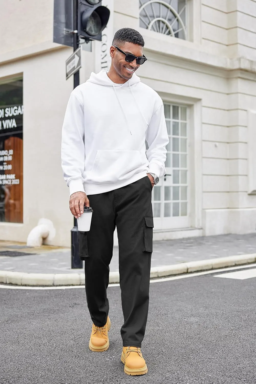 COOFANDY Men's Cotton Cargo Pants Relaxed Fit Elastic Waist Casual Pants Stretch Work Cargo Pant with Pockets