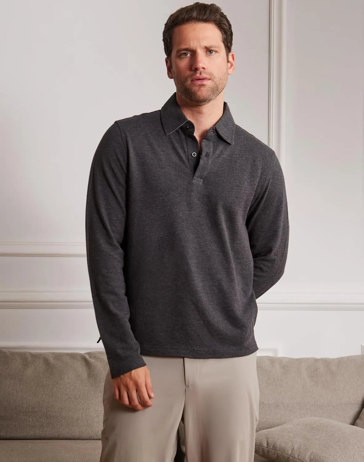 Cotton Pique Polo Shirts for Men Long Sleeve Casual Comfort Moisture Wicking Regular Fit