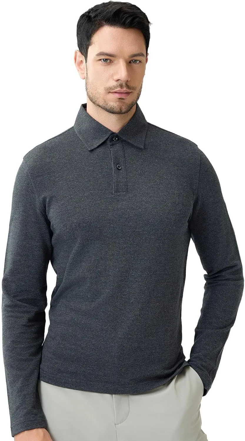 Cotton Pique Polo Shirts for Men Long Sleeve Casual Comfort Moisture Wicking Regular Fit