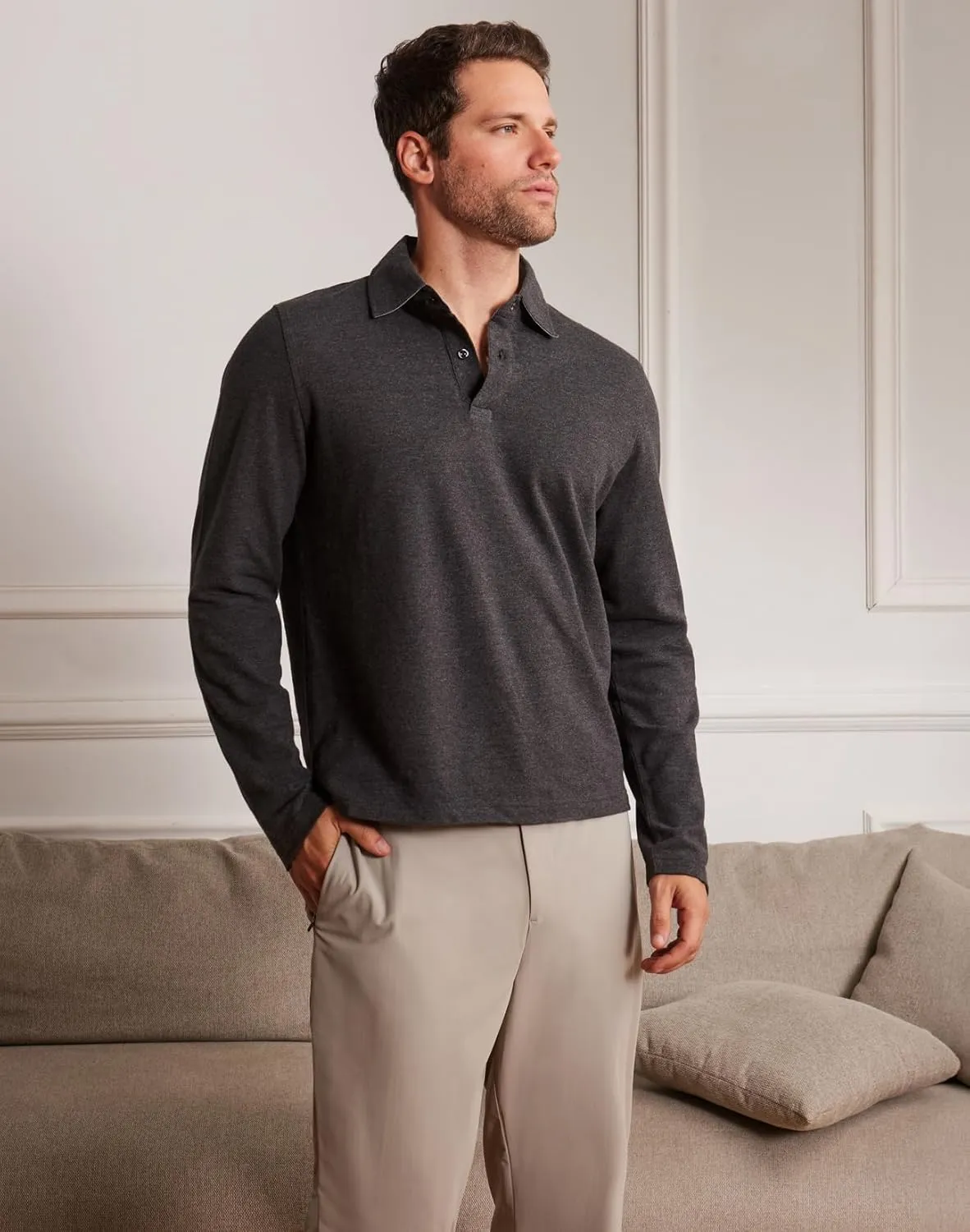 Cotton Pique Polo Shirts for Men Long Sleeve Casual Comfort Moisture Wicking Regular Fit