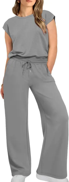 Eytino Womens Plus Size 2 Piece Tracksuit Outfit Casual Cap Sleeve Tops High Waist Pants Lounge Sets