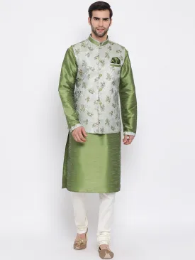 Jashvi Men's Green Floral Jacquard Jacket With Silk Kurta and Pyjama Set