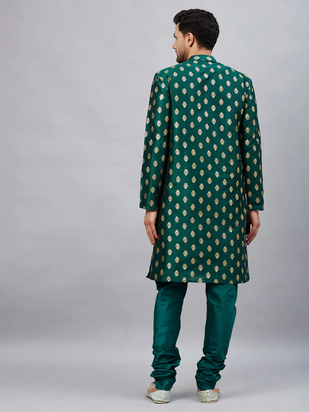 Jashvi Men's Green Foil Print Silk Blend Kurta Pyjama Set