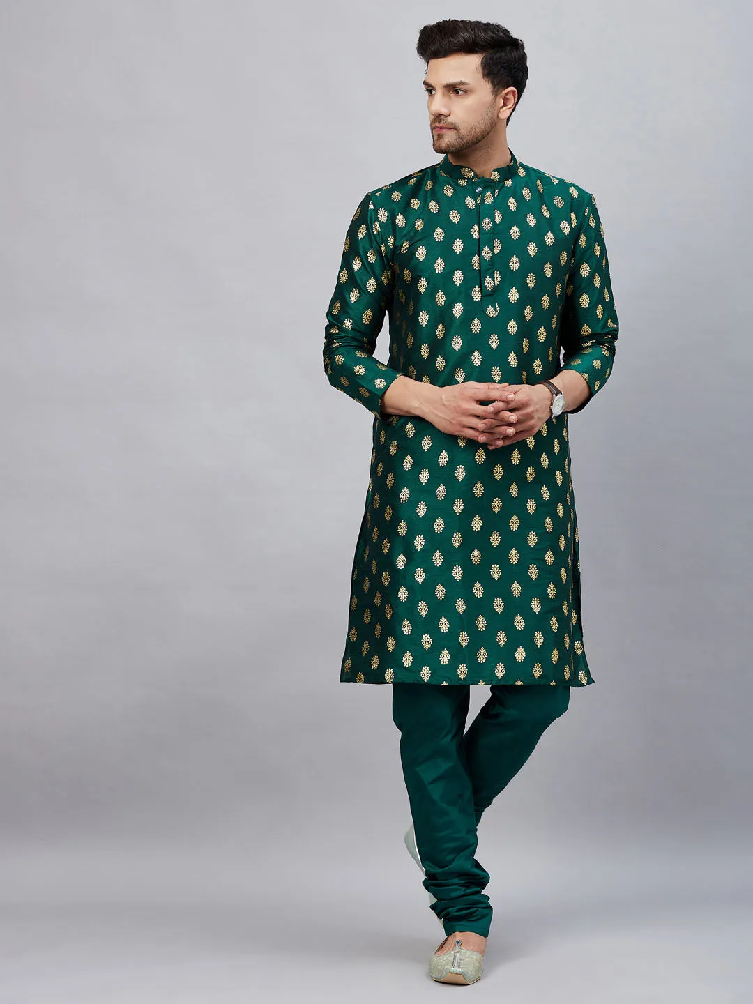 Jashvi Men's Green Foil Print Silk Blend Kurta Pyjama Set