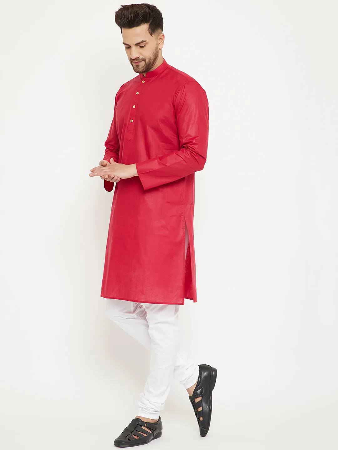 Jashvi Men's Red And White Cotton Kurta Churidar Set