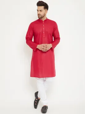 Jashvi Men's Red And White Cotton Kurta Churidar Set