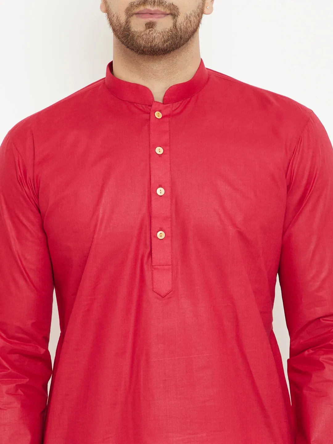 Jashvi Men's Red And White Cotton Kurta Churidar Set